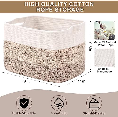 ICERZCZ Storage Baskets for Organizing Shelves, Woven Cotton Rope Bins for Baby Nursery Organization, Book Toy Towel Organizer, 15"x11"x9.5", 3 Packs, Gradient Brown - Image 3