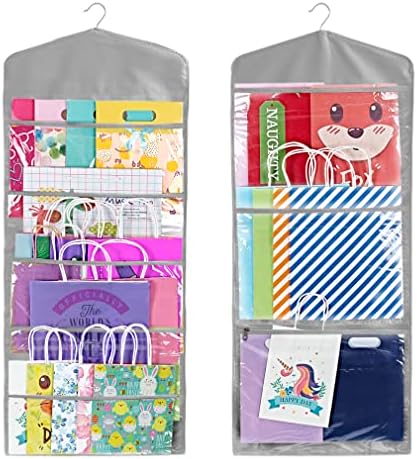 Gift Bag and Tissue Paper Storage, Hanging Organizer with Multiple Front and Back Pockets Double Sided, Organize Gift Wrap and Paper Bags 38 x 16 Inch (Grey) by Primode