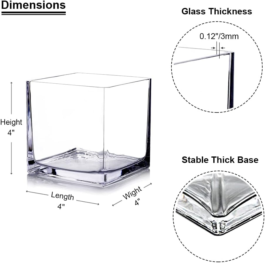 Enova Floral Set of 4 Cube Glass Vase, 4x4X4 Inch Glass Flowers, Clear Square Glass Vases, Floating Candle Holders, Table Decorative Vase for Home Office Décor, Wedding Centerpieces