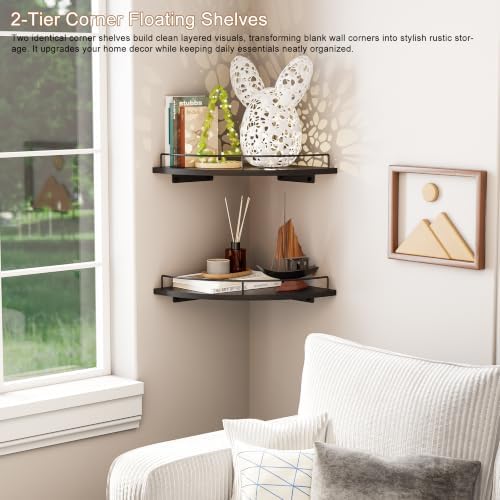 Corner Floating Shelves, Rustic Brown Wood, Set of 2, Wall Mount Storage with Guardrail for Bathroom Kitchen Living Room (Black) - Image 3