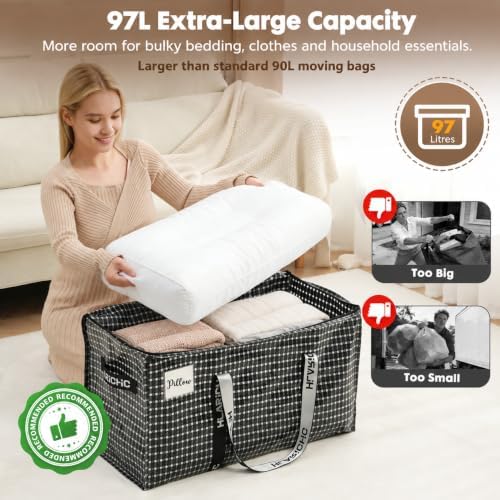 Heavy Duty Moving Bags 97L - Extra Large Storage Bags with Strong Zipper & Comfortable Handles, Packing Boxes for Moving House, College Dorm, 4 Pack, Black, Virgin PE Material - Image 4