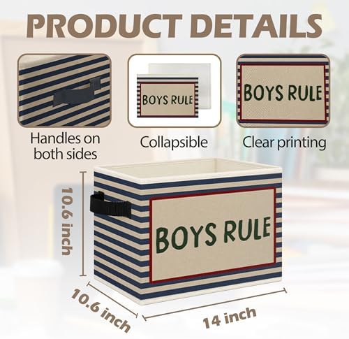 Boys Rule Foldable Storage Bins Box with Handles, Retro Blue Striped Collapsible Toys Books Clothes Organizer Basket for Kids Boy Nursery Room Bedroom Bathroom Dorm Playroom - Image 7