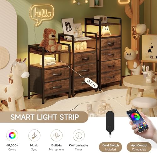 Lazzanto Nightstand with Rear Charging Station, LED Light, 3 Drawers, Brown - Image 4