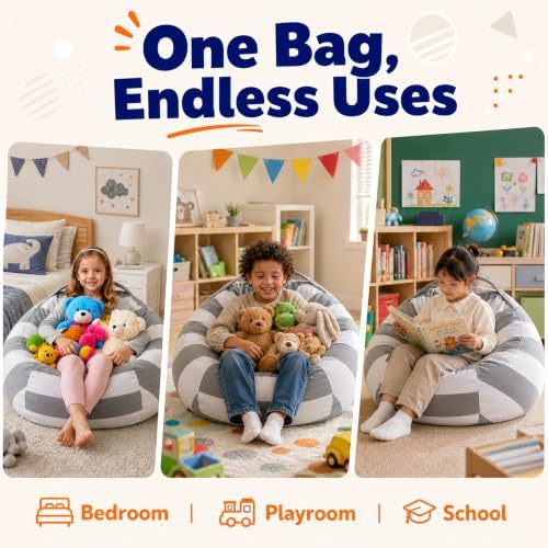 Amzlink® Stuffed Animal Storage Bean Bag Chair Cover for Kids - Stuffable Zipper Beanbag for Organizing Children Plush Toys, Heavy Duty Cotton Canvas, Ideal for Bedroom Classroom(X-Large for Kids) - Image 2