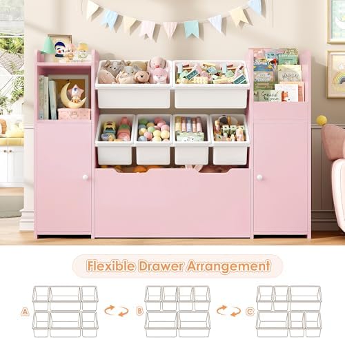 2 Pcs 55''W Storage Cabinet with Large Chest, Montessori Bookshelf, Pink - Image 4