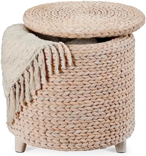 Best Choice Products 17" Round Storage Ottoman W/Lid, Handwoven Water Hyacinth Footstool, Footrest w/Wooden Legs, Accent Side Table, Storage Container, Plant Stand - Whitewash by BestChoiceProducts