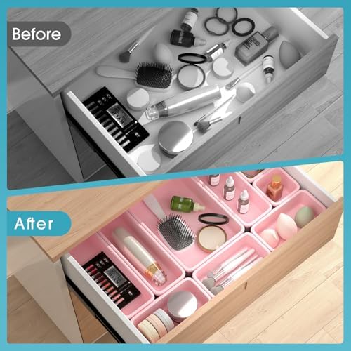 16 PCS Drawer Organizer Set, 4 Size Makeup Drawer Divider Organizer With Non-Slip Pads, Interlocking Plastic Storage Bins for Office,Jewelry Vanity,Gadgets, Bathroom,Kitchen, Pink - Image 6