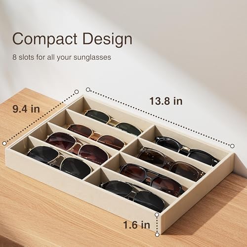 pickpiff Drawer Sunglass Organizer & Display Tray: 1 Pcs 8 Grids Velvet Scratch-Free Eyeglasses Case (13.8x9.4x1.6inch) - Soft Beige Glasses Storage Holder Box for Men & Women - Image 2