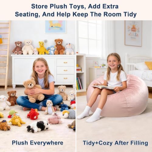 Lukeight Stuffed Animal Storage Bean Bag Chair Cover for Teens, Velvet Plush Toy Organizer Seat, Cover Only, No Filling Included, Long YKK Zipper, Side Pocket, XX-Large 36"D x 20"H - Image 3