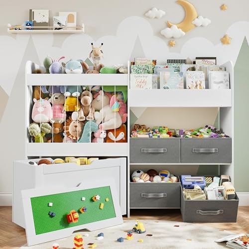 51.1" W Large Toy Storage Organizer with Stuffed Animal Storage, Kids Bookshelf with 4 Removable Toy Bins, Movable Toy Box with Buildable Baseplate Lid for Bricks, Ideal for Kids Room Playroom Bedroom by VortinT