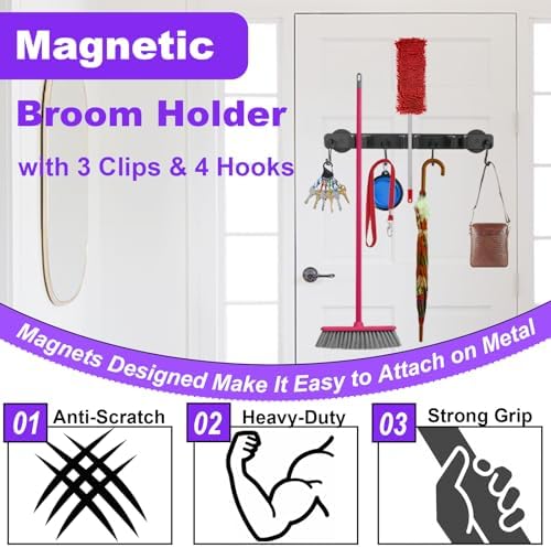 Magnetic Mop Broom Holder, Heavy Duty Magnetic Mop Hanger with Swivel Hooks for Cleaning Tools, Strong Magnet Mount Tool Hanger Organize System Utility Rack for Refrigerators Laundry Garage Kitchen - Image 4