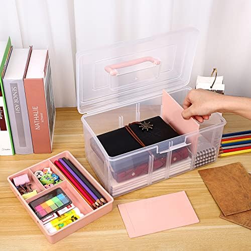BTSKY 2 Layer Clear Plastic Dividing Storage Box with Removable Tray Multipurpose Stationery Storage Box with Handle Portable Sewing Boxes Art Craft Supply Organizer Home Utility Box(Big Pink) - Image 3