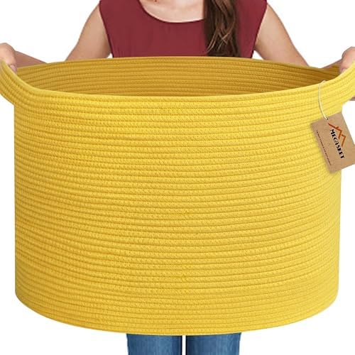 MEGASKET Extra Large Yellow Basket, 22” X 22” X 14” Cotton Rope Yellow Decor for Living Room Bedroom, Woven Basket for Blanket, Laundry, Towel, Shoe, Baby Nursery Toy Organizer, Room Decor Storage Bin by MEGASKET