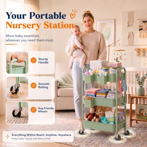 3 Tier Rolling Storage Cart Metal with Wheels,Sage Green Diaper Caddy Carts - Image 2