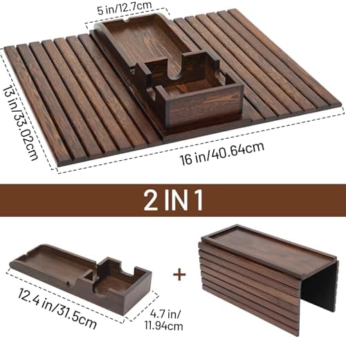 Couch Arm Tray, Bamboo Sofa Tray Table for Couch, Anti-Slip Armrest Organizer, 2-in-1 Split Design Fits Most Sofa Arms, Foldable Couch Cup Holder for Snacks, Phone, Control, Cups, Brown - Image 3