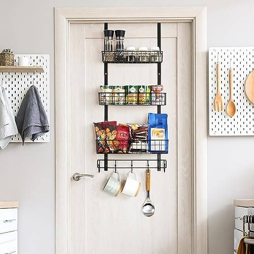 ETELI Over the Door Pantry Organizer 3 Tier Hanging Basket Back Door Storage Rack Shelf Metal Over the Door Shelves with 3 Baskets and 5 Hooks for Bathroom Kitchen Pantry Bedroom, Black - Image 5