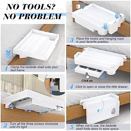 Ronlap Folding Bedside Shelf Bunk Bed Shelf Organizer for Top Bunk Clip On Bed Side Shelf Tray for College Dorm Loft Plastic Bedside Nightstand with Cup Holder, Small Size with Drawer, White - Image 5
