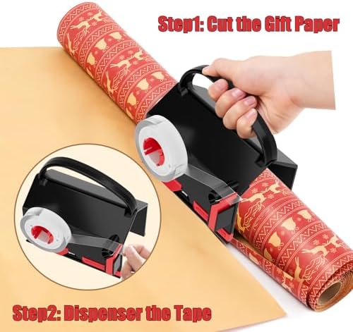 2-Pack Wrapping Paper Cutter & Tape Dispenser for Christmas Gift, Improve Gift Packaging Efficiency, Makes the Cutting line straighter, Cutting Tool with 4 Tapes，2 Replace Blades Kit, Red and Black - Image 2