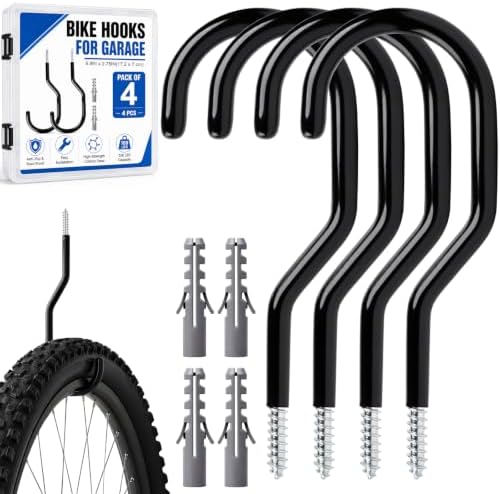Garage Hooks Heavy Duty, Bike Hooks for Garage Wall Ceiling Mount, 100lbs Capacity Carbon Steel Bicycle Hangers with Anchors, Wide Opening Utility Storage Hooks for Mountain Road Bike Ladder 4 Pack by EZCozy