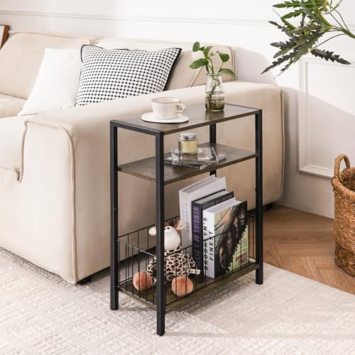Narrow Side Table with Storage Basket Small End Table for Small Space,Brown - Image 2
