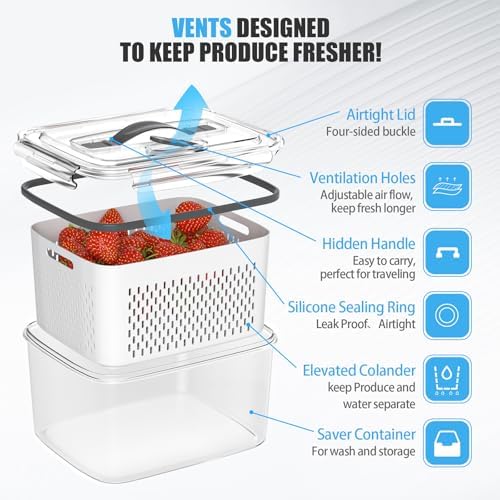 damynuo 5 Pack Fruit Storage Containers for Fridge with Colander, Vent, Lid - Image 3