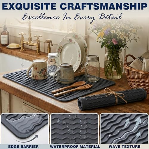 2 Pack Caketime Silicone Dish Drying Mat for Kitchen Counter Under Sink Near Faucet with Bathroom Countertop Organizer Soap Holder New Home Essentials Drainers Housewife Stuff 12"x6" - Image 2