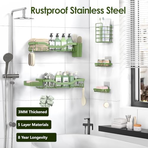 NESOMI Shower Caddy Adhesive Shower Organizer 7-Pack, Rustproof Stainless Steel Bathroom Shelves, Large Capacity No-Drill Rack Storage Accessories with Soap Dish Toothbrush Holder Hooks - Image 5