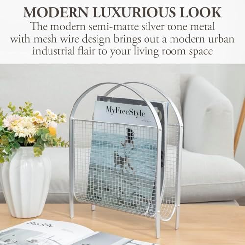 MyGift Mid-Century Silver Metal Mesh Magazine Rack, Freestanding Holder - Image 2
