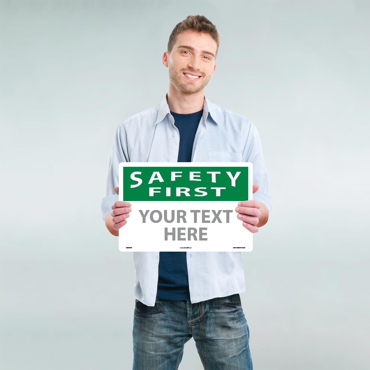 Custom OSHA Style Safety First Sign 12" x 18" Plastic Sign, Customizable "Your Text Here", by AccuformNMC Made in USA