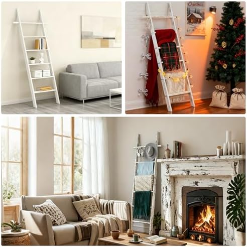 Farmhouse Wooden Blanket Ladder Living Room White 6-Tier - Image 4