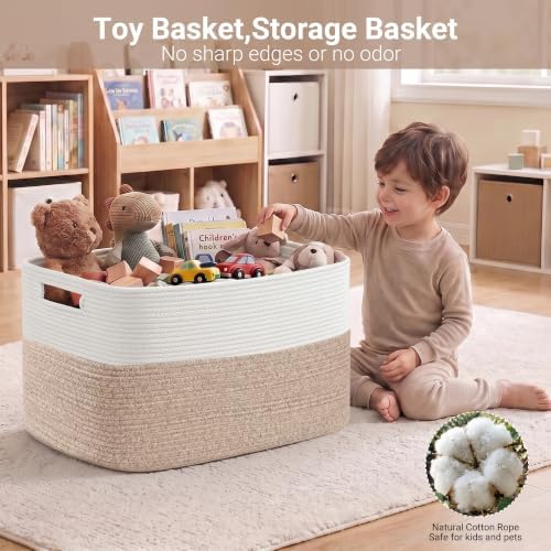 75L Blanket Basket, Large Cotton Rope Woven Storage Basket with Handles for Blankets, Pillows, Toys and Clothes, Rectangle Laundry Hamper for Living Room, Nursery, Brown/White, 22x17x12 inch - Image 4