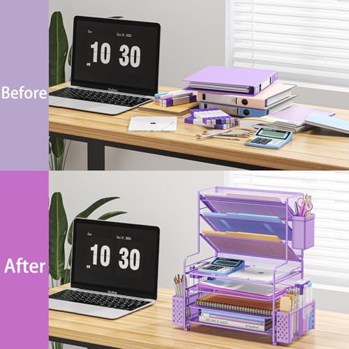 Simple Trending 7 Tier Desk File Organizer, Letter Tray Paper Organizer with Pen Holder and Metal Hanging Basket, Purple - Image 5