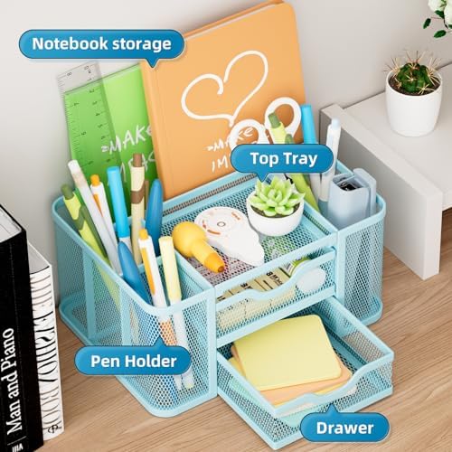 Marbrasse Mesh Desk Organizer, Pen Organizer with 2 Drawer, Multi-Functional Pencil Holder, Desk Organizers and Accessories with 5 Compartments + Drawer for Office Art Supplies (Blue) - Image 2
