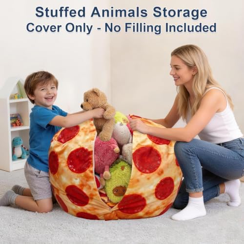 Lukeight Pizza Stuffed Animal Storage Bean Bag Chair Cover for Kids, Velvet Plush Toy Organizer Seat, Cover Only, No Filling Included, Long YKK Zipper, Side Pocket, Large 27"D x 16"H - Image 4