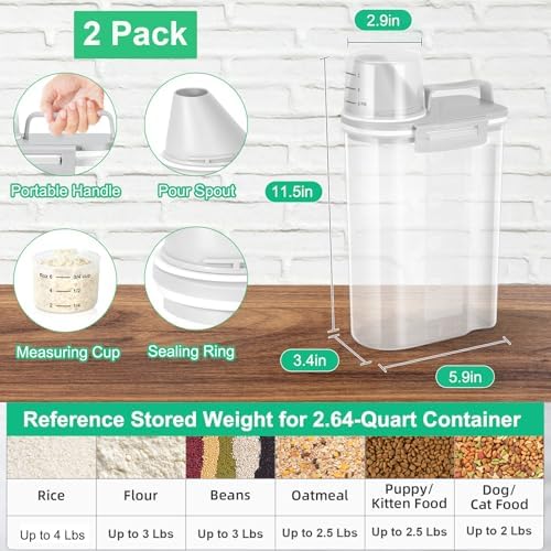 TBMax Rice Storage Container 2 Pack, Plastic Kitchen Pantry Food Storage Container with Cup, Small Pet Dog Cat Food Container Dispenser - Image 2