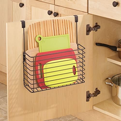mDesign Over The Cupboard Hanging Storage Basket – Metal Bakeware Organiser and Cutting Board Holder – Excellent Kitchen Storage Solution – Bronze - Image 2