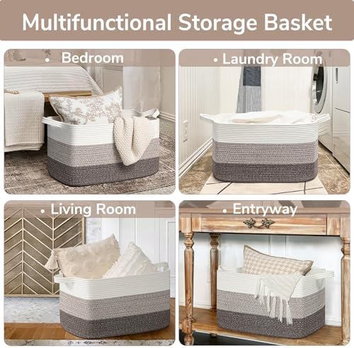 Goodpick Large Woven Rope Blanket Basket, Rectangle, White Brown - Image 4