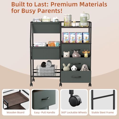 Somdot Baby Diaper Caddy Organizer, 3-Tier Rolling Cart with Drawers - Image 5