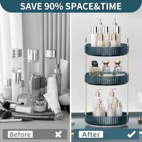 360 Rotating Makeup Organizer for Vanity, Bathroom Countertop Organizer Spinning Perfume Organizer, High-Capacity Cosmetic and Skincare Dresser Make Up Holder Rack (3 Tiers, Blue) - Image 4