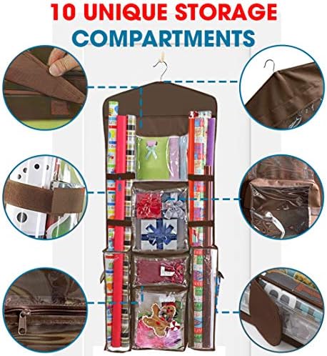 ProPik Hanging Double Sided Wrapping Paper Storage Organizer with Multiple Pockets, Organize your Gift Wrap, Gift Bags, Bows, Ribbons 40"X17" Fits 40 Inch Rolls Clear PVC Bag (Brown) - Image 3