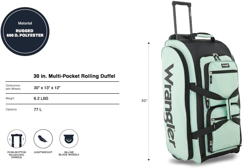 Wrangler Wesley Rolling Duffel Bag, Seaform, Large 30-Inch - Image 2