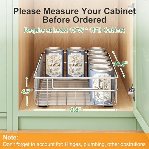 Pull out Cabinet Organizer, Stainless Steel 1-Pack (9.8"W x 16.5"D) Full-Extension Slide out Drawer, Adhesive Roll out Can Spice Storage Basket Shelf Rack for Pantry, Kitchen, Bathroom, Home Closet - Image 2