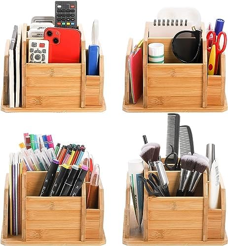 yarlung Bamboo Rotating Remote Control Holder for Table, 7 Compartments Office Supplies Organizer 360° Spinning Desktop Storage Caddy for Pen, Colored Pencil, Book Sewer, Sticky Notes - Image 7