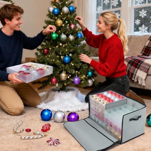 BALEINE Christmas Ornament Storage Box with Dividers, Premium Holiday Ornaments Storage Container Bin for Xmas Decorations (128 Ball, Green, Soft) - Image 3