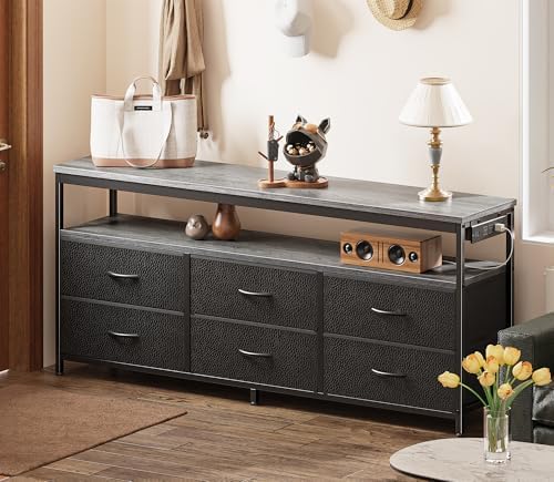 Huuger LED TV Stand for Bedroom, 55 Inch Fabric Dresser with Power Outlets, Entertainment Center for 60, 55, 50 Inch TV, 6 Drawer Dresser for Bedroom, Chest of Drawers with Shlef, PU Leather, Grey - Image 3