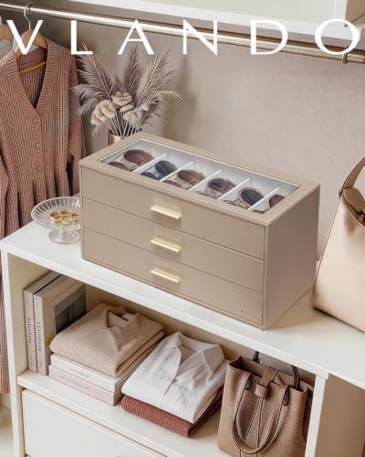 VLANDO 18-Slot Sunglasses Organizer Case with Clear Lid & 3 Drawers,Toffee - Image 2