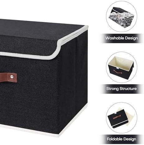 ANMINY Fabric Storage Box Bins with Lids, Black, 15"x10"x10" - Image 4