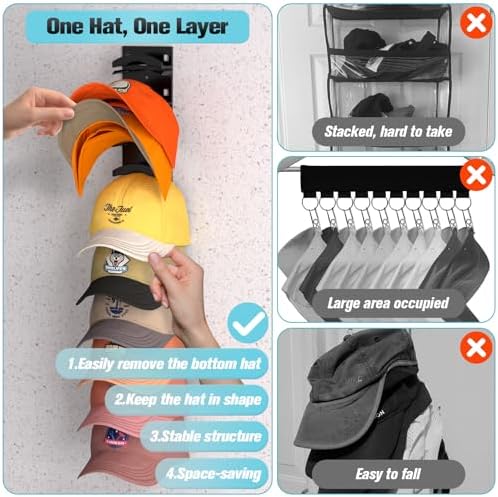 Hat Organizer for Baseball Caps 4Pack, Hat Rack for Wall with Strong Adhesive Hold up to 40 Hats, Hat Hanger Holder Display for Door Closet, Cap Organizer Storage Multilayer Two Mounting Option(Black) - Image 2