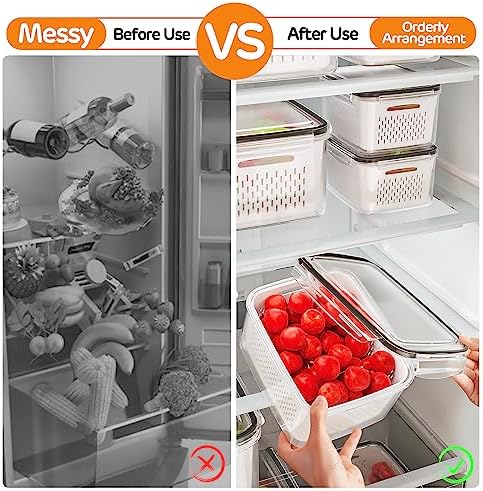 6 PCS Fruit Storage Containers for Fridge with Removable Colanders, 6 Plastic Food Storage Containers with 6 Lids, Leakproof Produce Containers Keep Fruits, Vegetables, Berry, Meat Fresh Longer - Image 7
