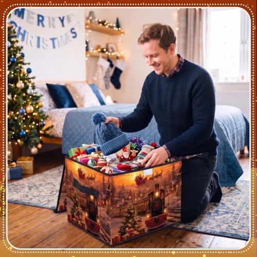 Briwooody Christmas Storage Bin with Lid and Carrying Handle Christmas Train Foldable Storage Box Large Xmas Snowy Night Decorative Collapsible Container Basket for Organizing Closet Home Bedroom - Image 6